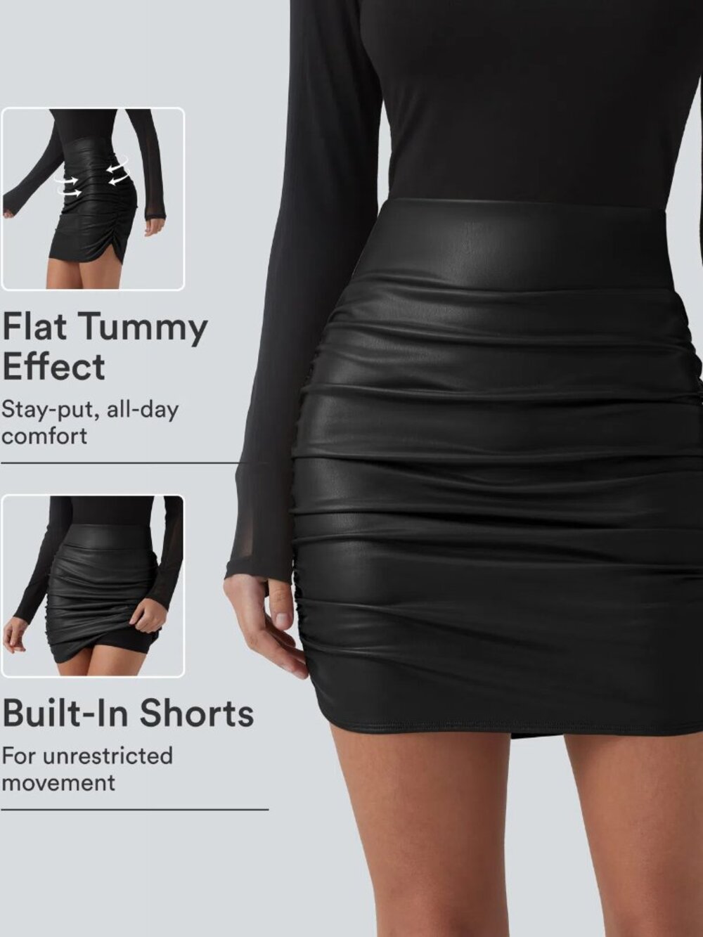 Halara High Waisted Ruched Mini skirt Bodycon, longer length size XS Black NWT